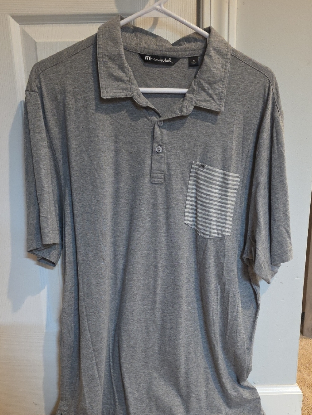 Travis Mathew Men's Light Grey Polo with Striped Pocket